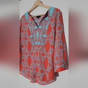 Blue and Coral Print Top